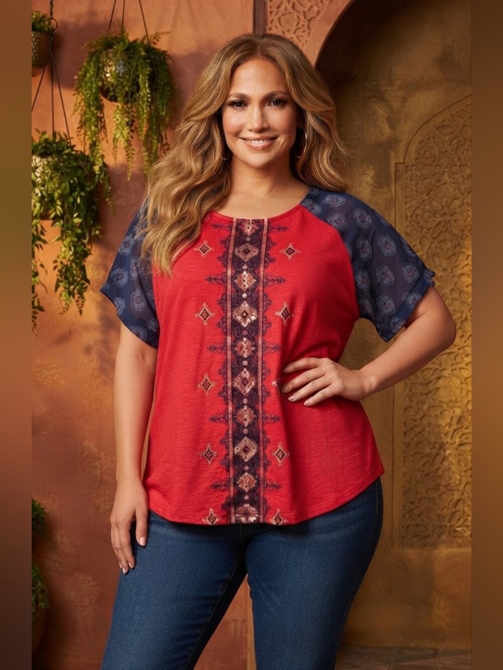 NWT! Red Boho Print Top Plus Size 3X Signature Studio Raglan Sleeve Flowy Tunic